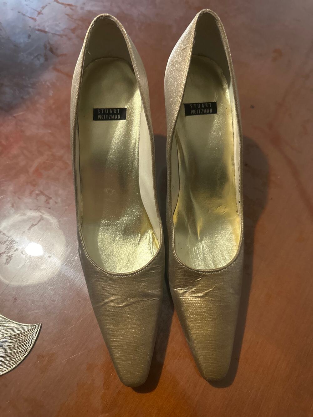 Stuart Weitzman Gold Satin Pointed Toe Pumps Size 8 AAA